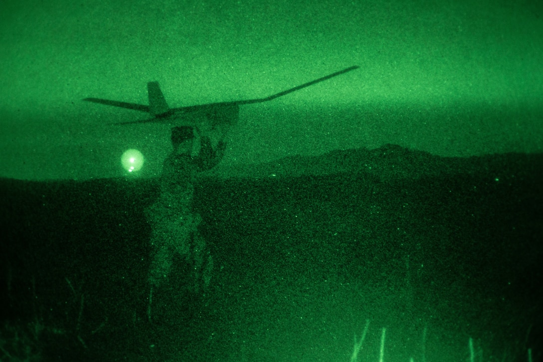 U.S. Marine Cpl. Michael Misbach, an intelligence specialist with 2nd Battalion, 5th Marine Regiment, 1st Marine Division, launches an RQ-20 Puma unmanned aircraft system during Operation Buck Rogers on Marine Corps Base Camp Pendleton, California, Dec. 3, 2019. Operation Buck Rogers is used to count the mule deer population on Camp Pendleton and the use of Pumas is a cheaper and more effective alternative to complete the task. The survey of Camp Pendleton’s deer population is done once a year. Misbach is a native of East Haven, Connecticut.