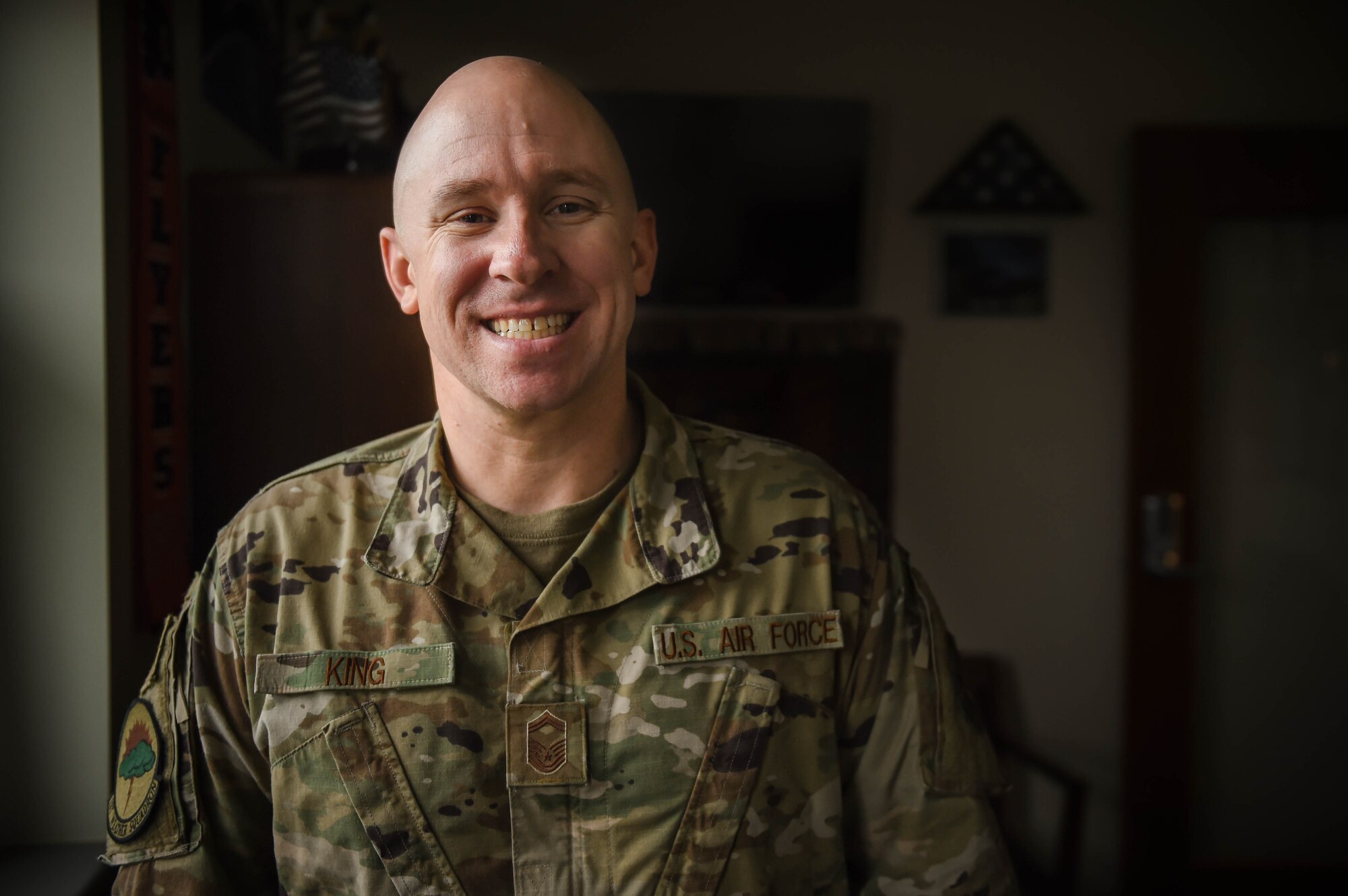 Senior Master Sgt. Fred King, 1st Weather Squadron superintendent, poses for a photo on Joint Base Lewis-McChord, Wash., Dec. 4, 2019. He was one of the nine McChord Airmen selected this year for promotion to chief master sergeant, the highest enlisted rank in the Air Force. 
“Promoting to chief master sergeant affords me the continued opportunity to serve Airmen and affect changes that improve when needed and sustain when successful.
Always take care of the people around you.  Arm them with knowledge, position them for success, and empower them. Then get out of their way and let them crush their mission.
One word: honesty.  We have to be honest with the people in our lives, to include ourselves, at all times.  We only communicate effectively if we communicate honestly, especially during difficult or challenging times.” 
(U.S. Air Force photo by Airman 1st Class Mikayla Heineck)