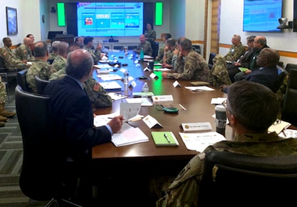 Members of the Washington National Guard and National Guard Bureau at the Herbert R. Temple Readiness Center, Arlington Hall Station in Arlington, Va., plan for the Washington Cascadia Subduction Zone training exercise to prepare how to respond to a large-scale earthquake in the Pacific Northwest.