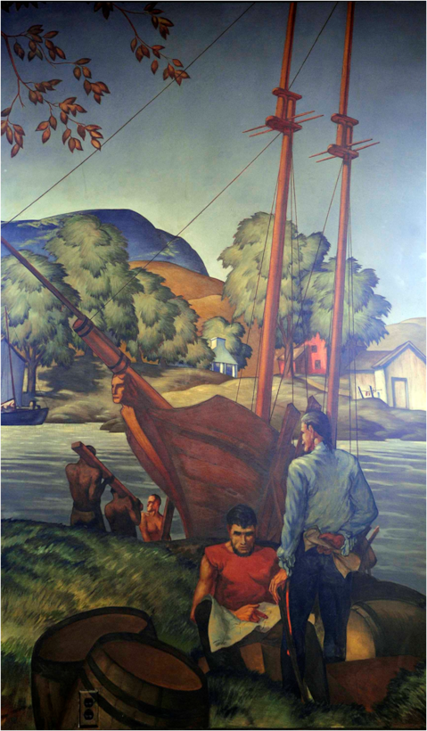 A fanciful rendering of the Revenue Cutter Massachusetts under construction as painted by WPA artist Aldis Brown.