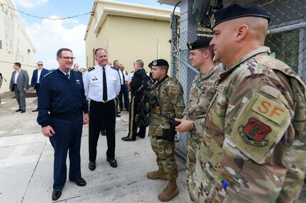 U.S. Air Force Gen. Joseph Lengyel (left), chief of the National Guard Bureau, speaks with 156th Security Forces Airmen at Muñiz Air National Guard Base, Puerto Rico Air National Guard, Dec. 2, 2019. Lengyel met with senior leaders and discussed the missions and needs of the Puerto Rico National Guard.