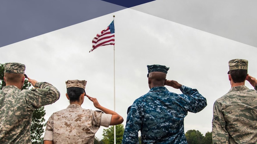 Four service members salute a flag.