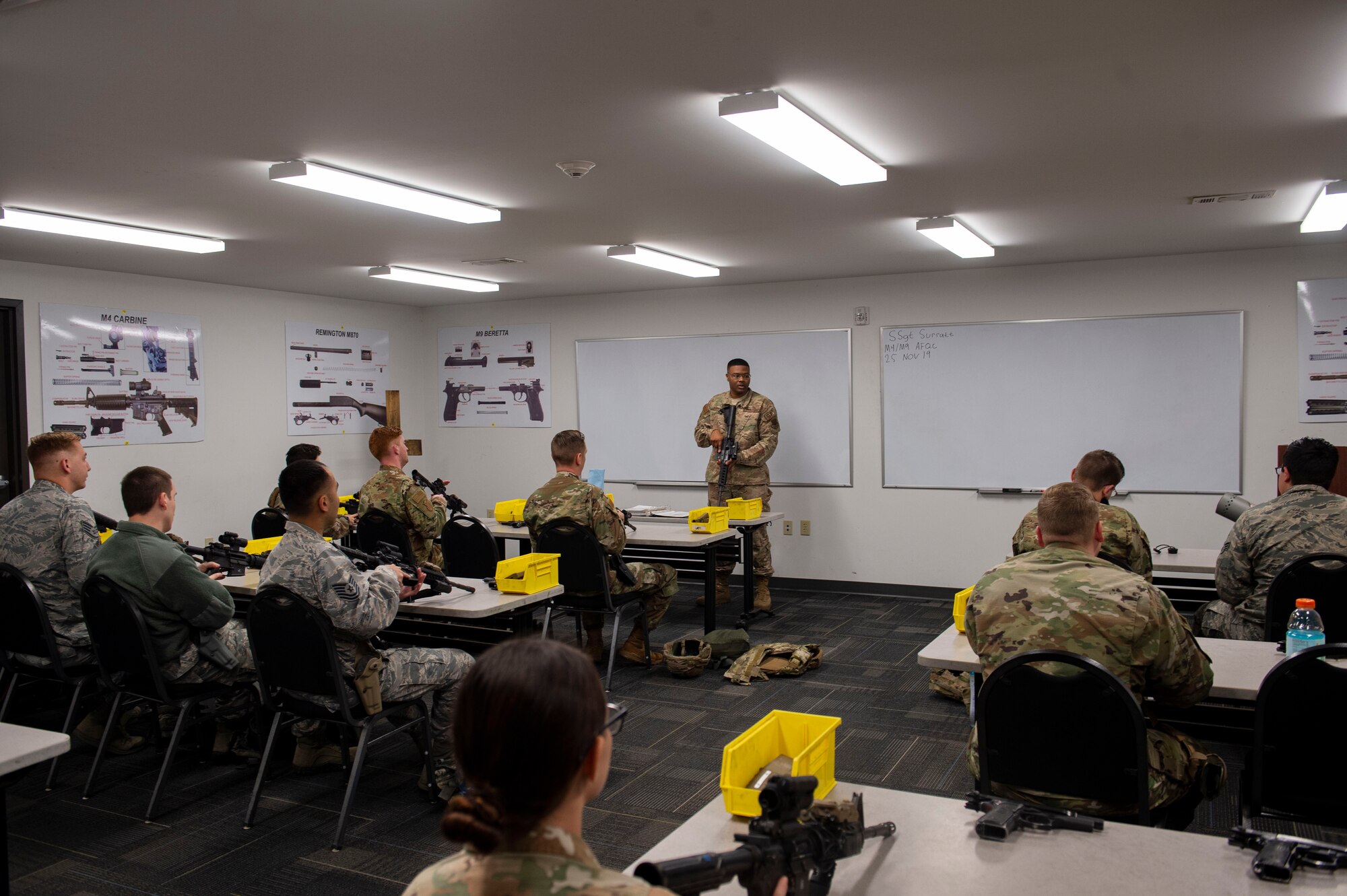 Photo of a combat arms instructor teaching an M4 and M9 Air Force Qualification Course