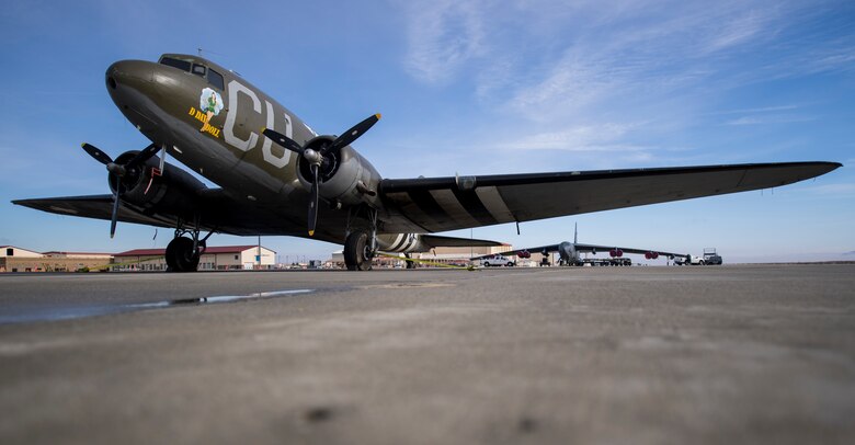 C-53D D-Day Dolly sits in front of a B-52 at Edwards Air Force Base