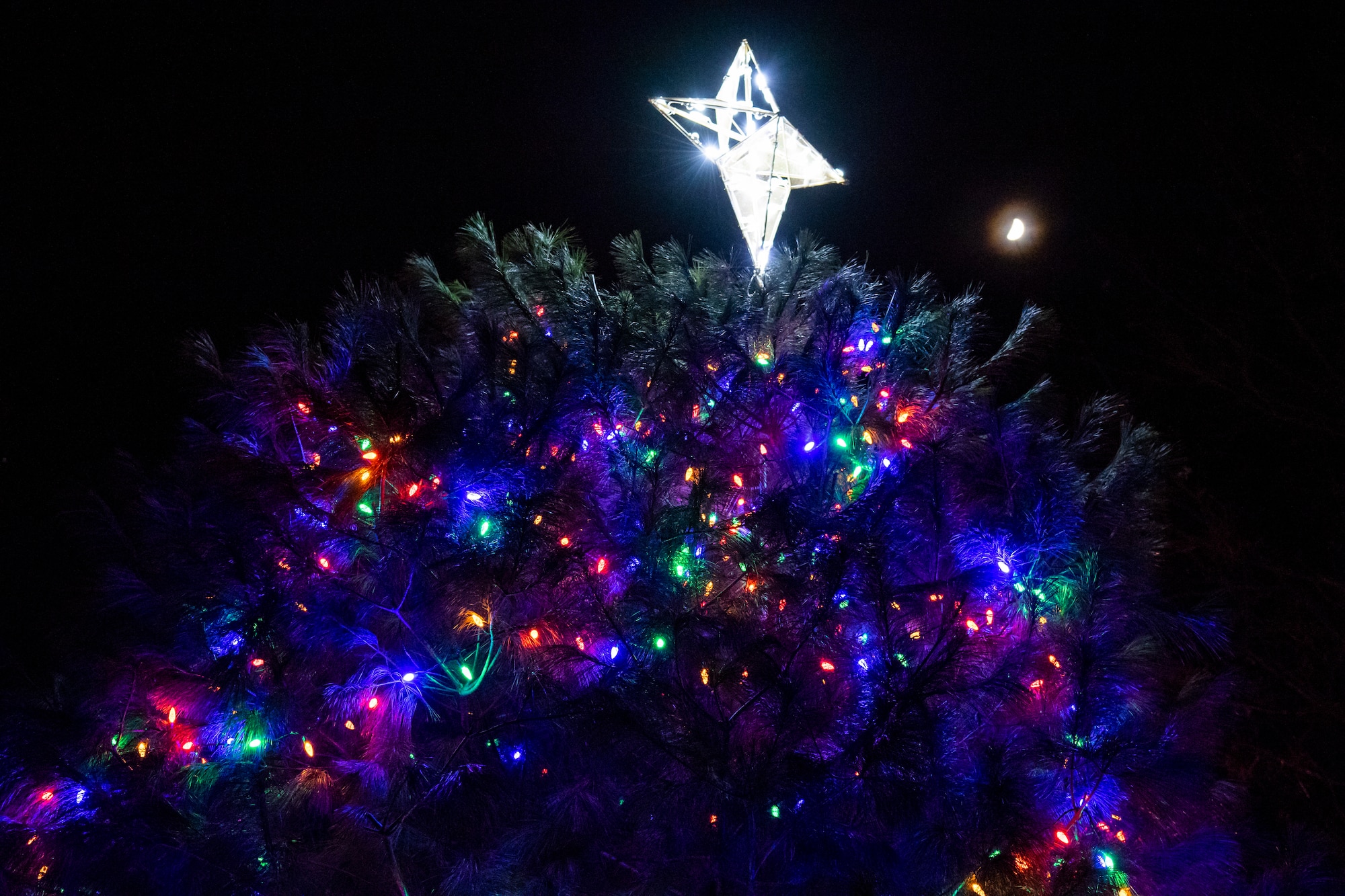 The Christmas tree is lit following a tree lighting ceremony Dec. 3, 2019, Dover Air Force Base, Del. A variety of military and first responder vehicles were decorated for the event. (U.S. Air Force photo by Senior Airman Christopher Quail)