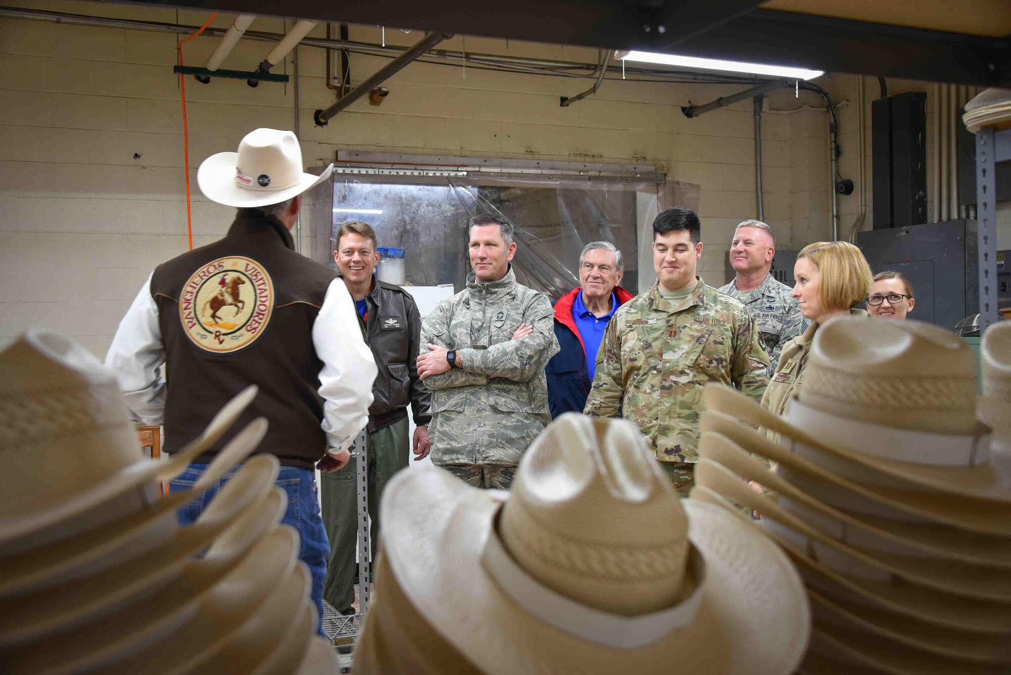 On November 15, 2019, several members of wing leadership tour American Hat Company in Bowie, Texas. They were greeted by 301 FW Aircraft Maintenance Squadron Honorary Commander Mr. Keith Mundee who is also the president of American Hat Co. The 301st Fighter Wing Honorary Commanders program aims to partner with local civic leaders on several fronts. The invitation not only allows these commanders to be adopted by one of the wing’s units but more importantly, it allows them the opportunity to get to know the Airmen who make the mission happen. (U.S. Air Force photo by Mr. Jeremy Roman)