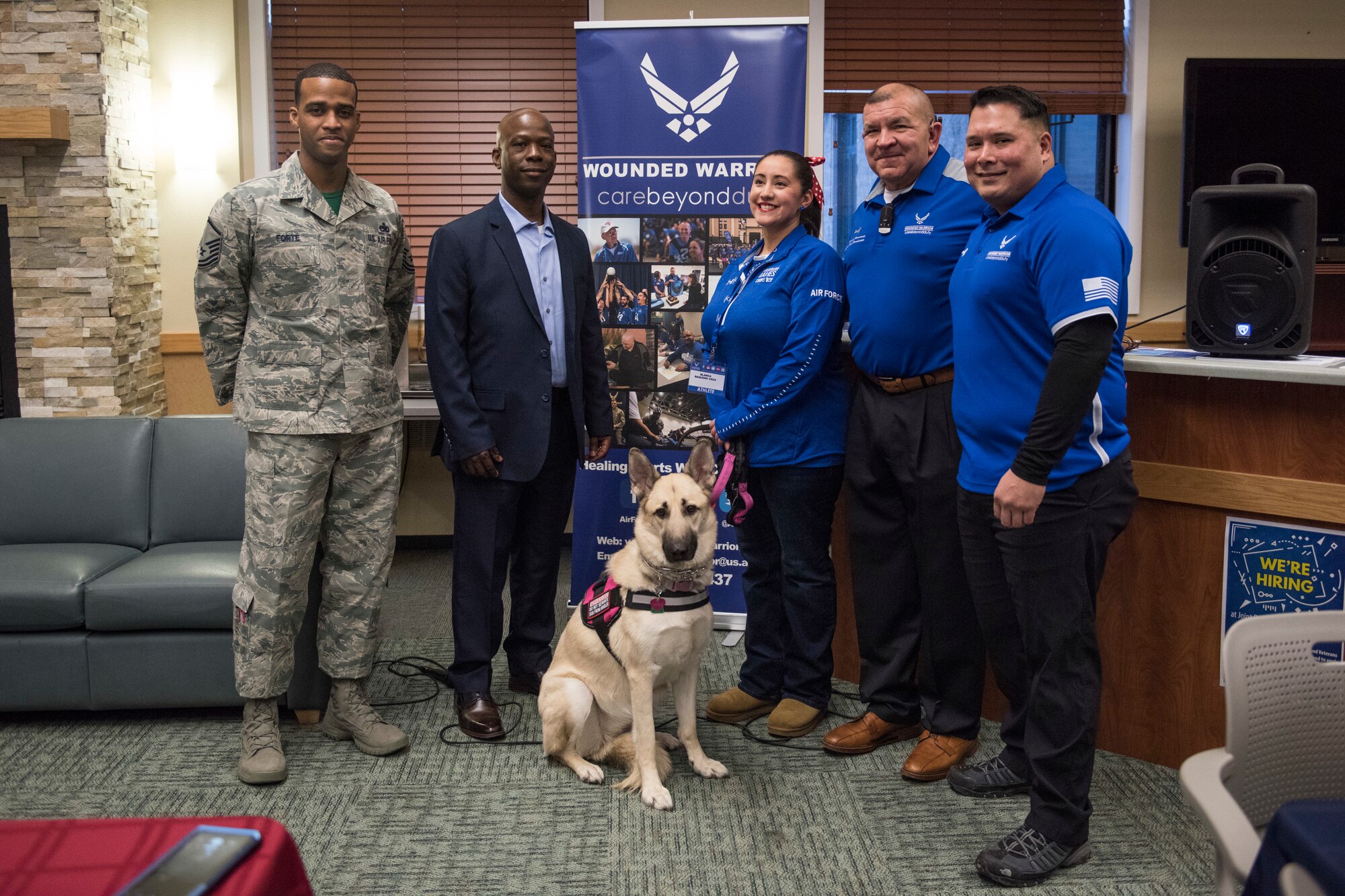 Members with the Air Force Wounded Warrior project and guest speaker, Alvin Shell, pose for a photo following the annual Warrior Care breakfast, at Joint Base Elmendorf-Richardson, Alaska, Nov. 22, 2019. The event was held in honor of Military Appreciation and Warrior Care month, and featured guest speakers Alvin Shell and fellow Air Force Wounded Warriors. (U.S. Air Force photo by Senior Airman Caitlin Russell)