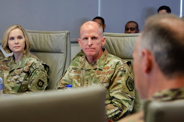 Gen. Stephen W. "Seve" Wilson, Air Force Vice Chief of Staff, listens as Col. Chad J. Hartman (foreground), commander of the Air Force Technical Applications Center, briefs the general Dec. 4, 2019 on how the U.S. technical surveillance center of excellence is addressing "wicked problems" that nuclear nonproliferation poses to senior defense officials.  Also pictured is Col. Brande H. Walton, Vice Commander for the 45th Space Wing, Patrick AFB, Fla.  (U.S. Air Force photo by Susan A. Romano)