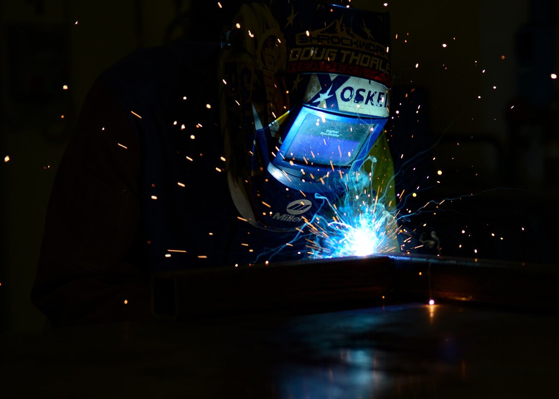 U.S. Air Force Tech. Sgt. Wesley Hayes, 31st Maintenance Squadron metals technology craftsman, welds at Aviano Air Base, Italy, Dec. 4, 2019. The 31st MXS provides accessory maintenance, avionics, periodic phase inspections, fabrication, and aerospace ground equipment for F-16C/D and HH-60 aircraft. (U.S. Air Force photo by Airman Thomas S. Keisler IV)