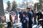 Air Force Maj. Gen. Timothy LaBarge, commander of the New York Air National Guard and assistant adjutant general of New York, and New York State Command Chief Master Sgt. Maureen Dooley salute after presenting a wreath from President Donald Trump at the grave of President Martin Van Buren in Kinderhook, N.Y. on  his 237th birthday, Dec. 5, 2019.