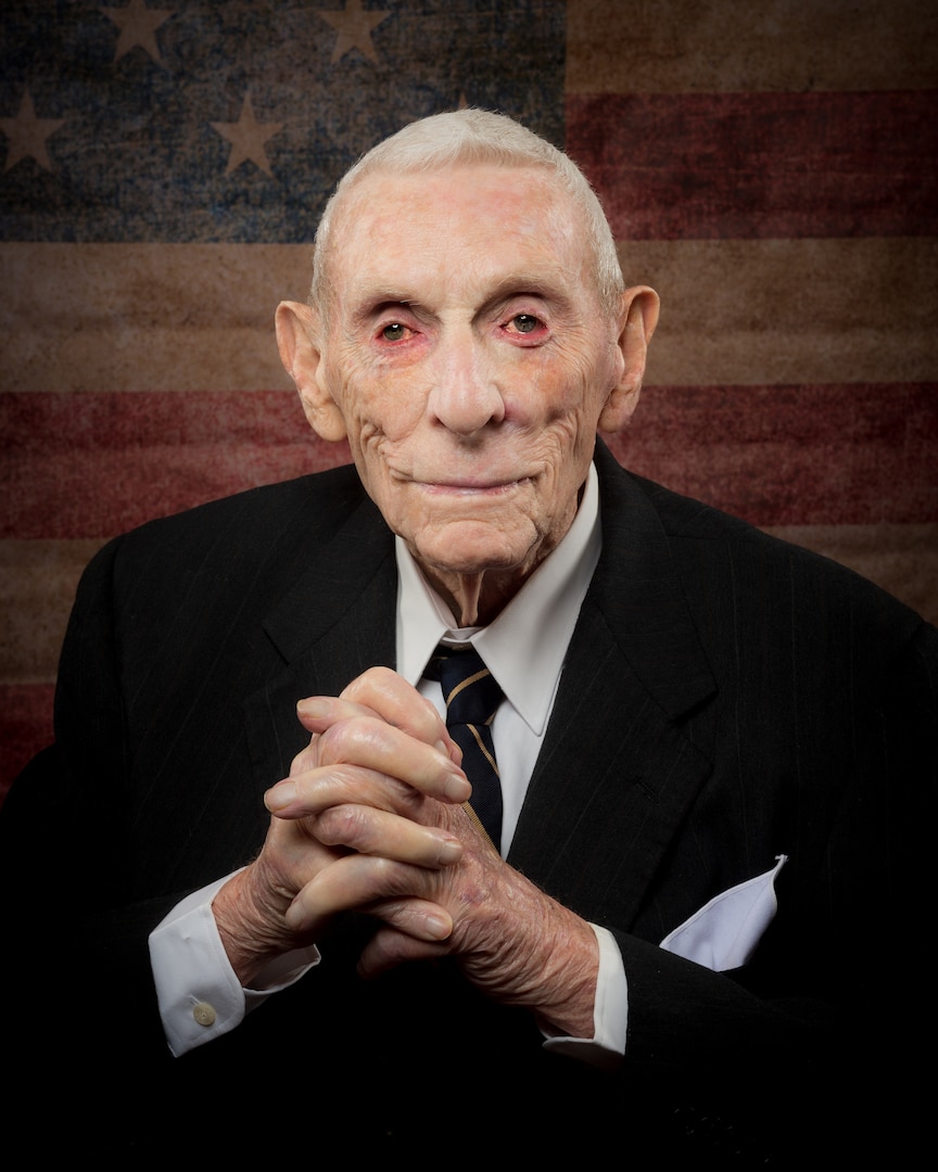 Brig. Gen. (Ret.) James Kemp McLaughlin, the founder of the West Virginia Air National Guard, poses for a 100th birthday portrait at the Edgewood Summit nursing home, Charleston, W.Va., on Wednesday, Nov. 28, 2018. Born December 7, 1918 in Braxton County, W.Va., McLaughlin served as a B-17 pilot during WWII, and was awarded the Distuished Flying cross with three clusters, the U.S. Army Air Corps Air medal with eight clusters, and the French Croix de Guerre, and a Presidential unit citation. (National Guard photo by Edwin L. Wriston)