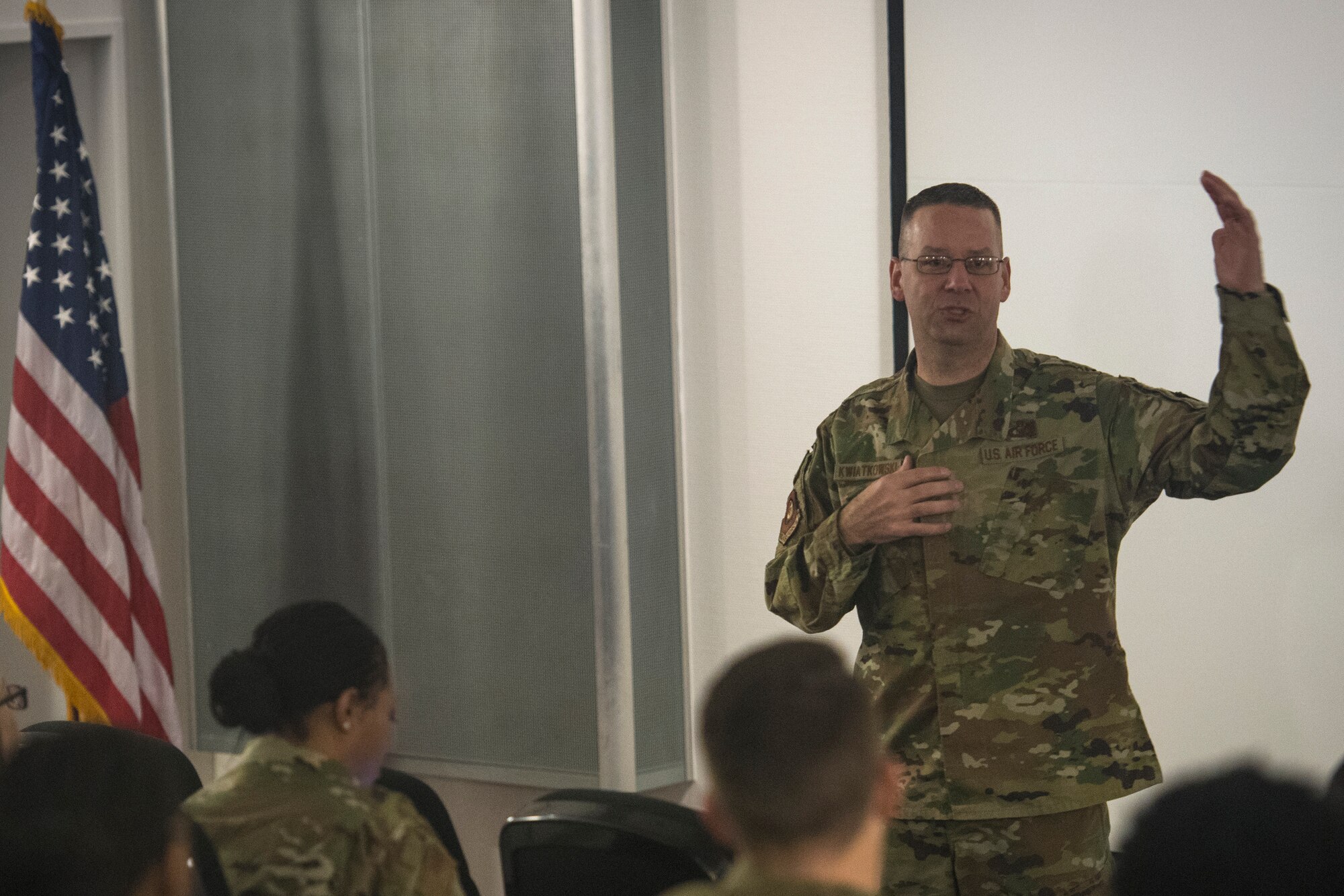 U.S. Air Force Chief Master Sgt. Randy Kwiatkowski, Third Air Force command chief, provides opening remarks for a three-day alternate dispute resolution course at the U.S. Air Force in Europe and Air Forces Africa Conference Center, Ramstein Air Base, Germany, Dec. 3, 2019.
