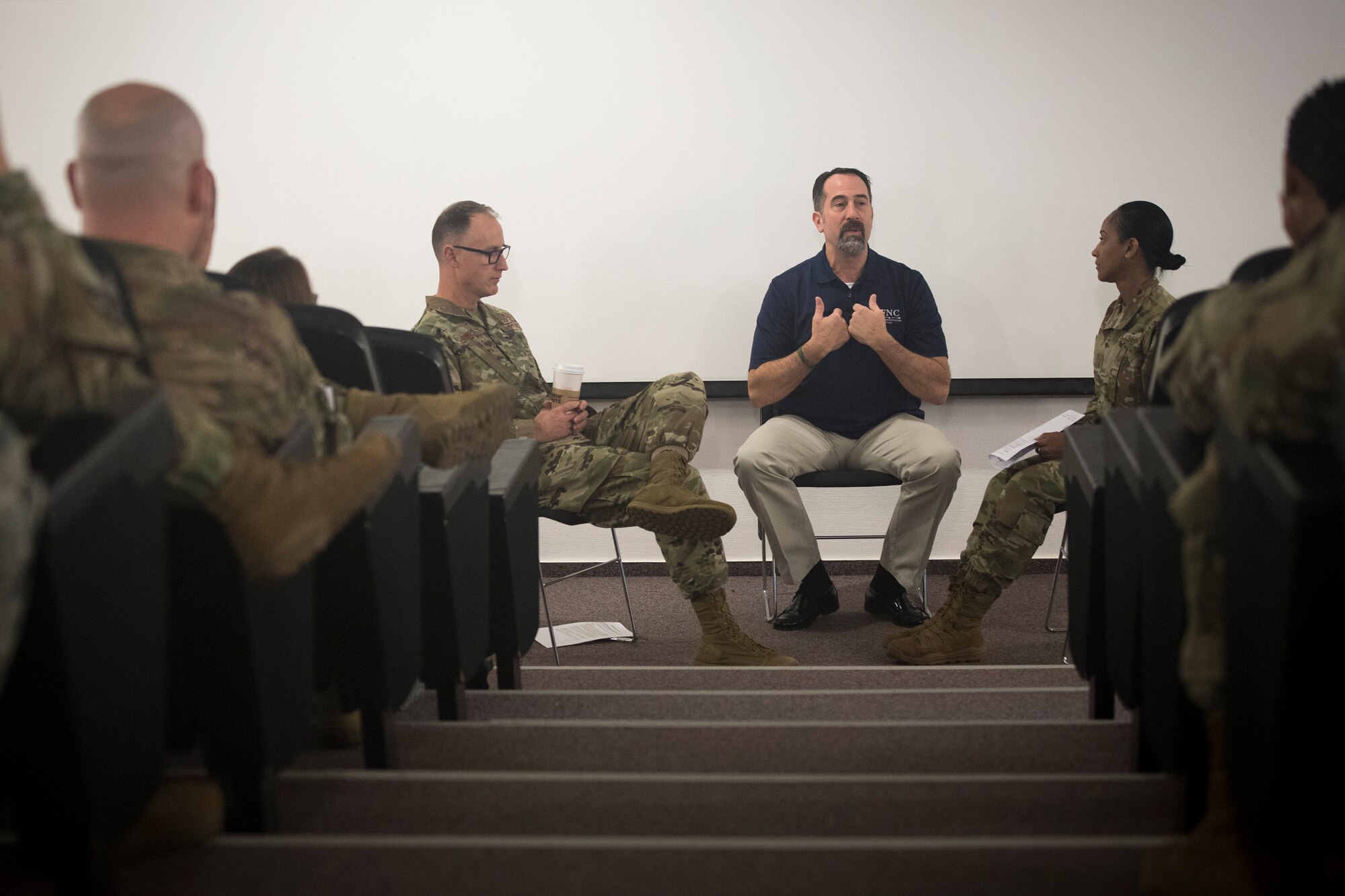 Paul Firman, chief of dispute resolution education and training, provides an example of opening statements for formal mediation during the Alternate Dispute Resolution training at the U.S. Air Forces in Europe and Air Forces Africa Conference Center, Ramstein Air Base, Germany, Dec. 4, 2019.