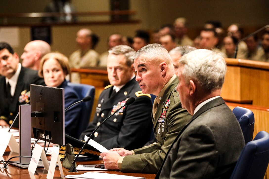 Brig. Gen. William Souza, deputy commander of Marine Forces Reserve and Marine Forces North, speaks on the accomplishments of MARFORRES during the 2019 Military Appreciation Day ceremony at New Orleans City Hall, Dec. 5, 2019. Military Appreciation Day with the New Orleans City Council is celebrated annually to honor service members from each military branch for their hard work, and to strengthen the relationship between military service, state and federal agencies in Louisiana. (U.S. Marine Corps photo by Sgt. Melissa Martens)