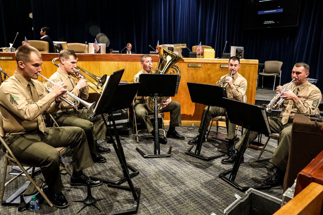 U.S. Marines with the Marine Forces Reserve Band perform prior to the start of the 2019 Military Appreciation Day ceremony at New Orleans City Hall, Dec. 5, 2019. Military Appreciation Day with the New Orleans City Council is celebrated annually to honor service members from each military branch for their hard work, and to strengthen the relationship between military service, state and federal agencies in Louisiana. (U.S. Marine Corps photo by Sgt. Melissa Martens)
