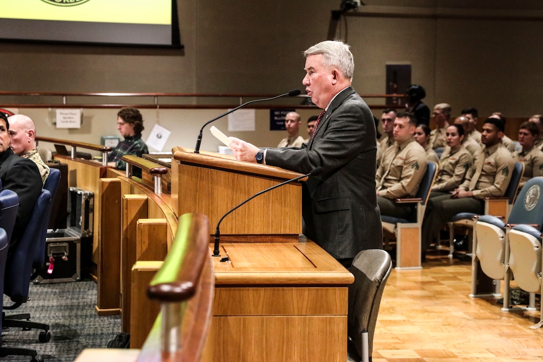 Retired Marine Maj. Gen. David M. Mize, chairman of the Mayor’s Military Advisory Committee, opens the 2019 Military Appreciation Day ceremony at New Orleans City Hall, Dec. 15, 2019. Military Appreciation Day with the New Orleans City Council is celebrated annually to honor service members from each military branch for their hard work, and to strengthen the relationship between military service, state and federal agencies in Louisiana. (U.S. Marine Corps photo by Sgt. Melissa Martens)