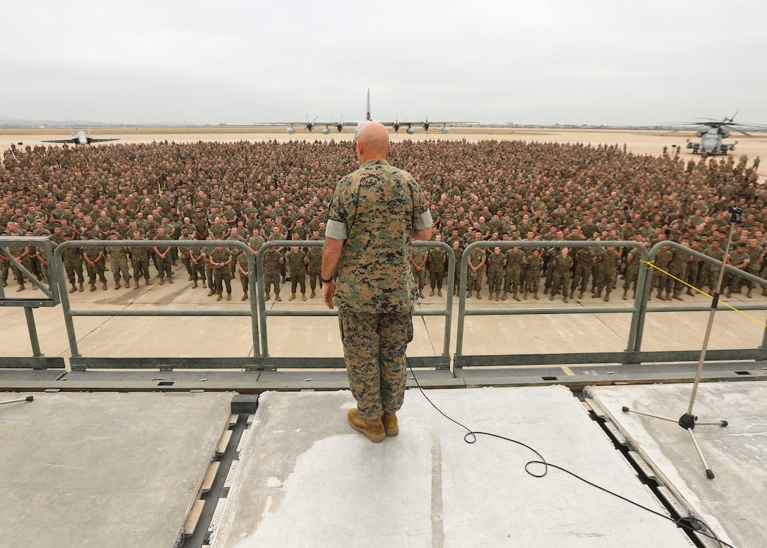 Commandant of the Marine Corps Gen. David H. Berger speaks to Marines and Sailors during a visit to Marine Corps Air Station, Miramar, Calif., Aug. 27, 2019. Gen. Berger and Sgt. Maj. Black met with Marines and leaders in the Pacific to discuss partnership, readiness and core values.