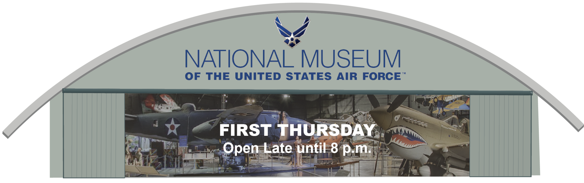 Illustration of a museum hangar with the hangar doors open to reveal aircraft inside.