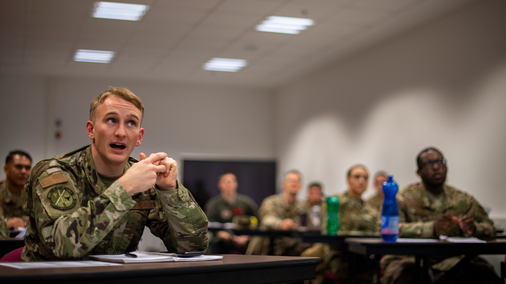 U.S. Air Force Airman 1st Class Mckenna Kearns, 1st Combat Communications Squadron member, recites Russian during a language course at Ramstein Air Base, Germany, Dec. 3, 2019. The Russian language uses the Cyrillic alphabet, the same as many countries in the Balkans. Airmen often travel to these countries as part of the building partnership capacity mission, deeming the course beneficial. (U.S. Air Force photo by Staff Sgt. Devin Boyer)