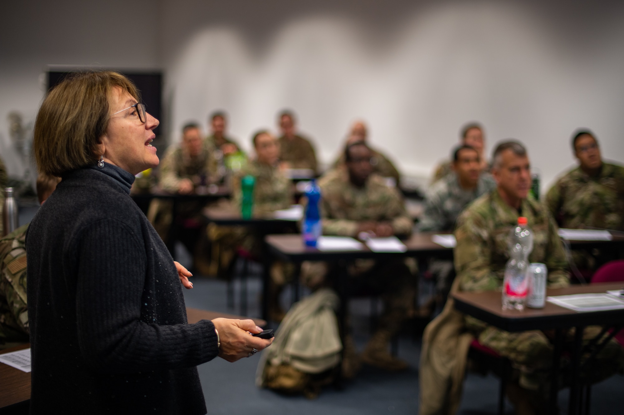Dr. Paulina De Santis, Defense Language Institute instructor, teaches a Russian language course at Ramstein Air Base, Germany, Dec. 3, 2019. The purpose of the course is to give Airmen who work in partner nations a chance to sharpen their language and culture skills, which will enable mission success. (U.S. Air Force photo by Staff Sgt. Devin Boyer)