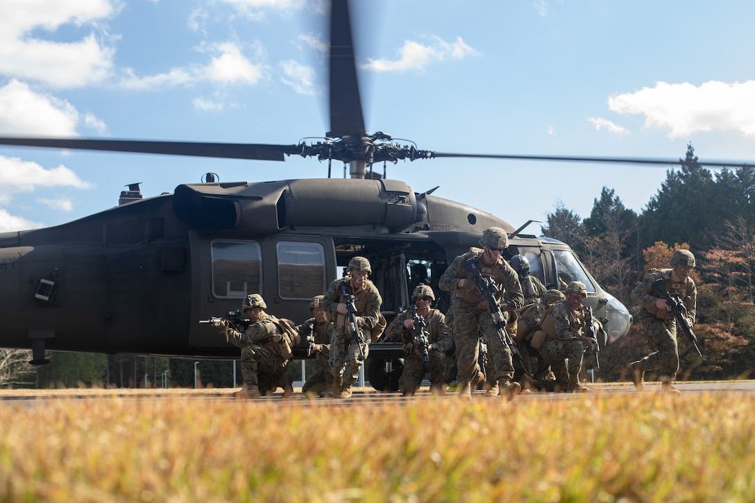 U.S. Marines conduct helicopter drills with UH-60 Black Hawks during exercise Fuji Viper 20-2 on Camp Fuji, Japan, Nov. 21, 2019. Fuji Viper is a regularly scheduled training evolution that allows infantry units to maintain their lethality and proficiency in infantry and combined arms tactics. This iteration of the exercise is executed by an activated reserve unit, 1st Battalion, 25th Marine Regiment, currently attached to 4th Marine Regiment, 3rd Marine Division, as part of the unit deployment program.