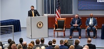 Naval Criminal Investigative Service (NCIS) Director Omar Lopez speaks during an NCIS Agent graduation ceremony at the Federal Law Enforcement Training Center in Glynco, Georgia, Nov. 22, 2019.