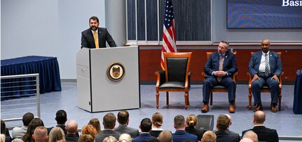 Naval Criminal Investigative Service (NCIS) Director Omar Lopez speaks during an NCIS Agent graduation ceremony at the Federal Law Enforcement Training Center in Glynco, Georgia, Nov. 22, 2019.