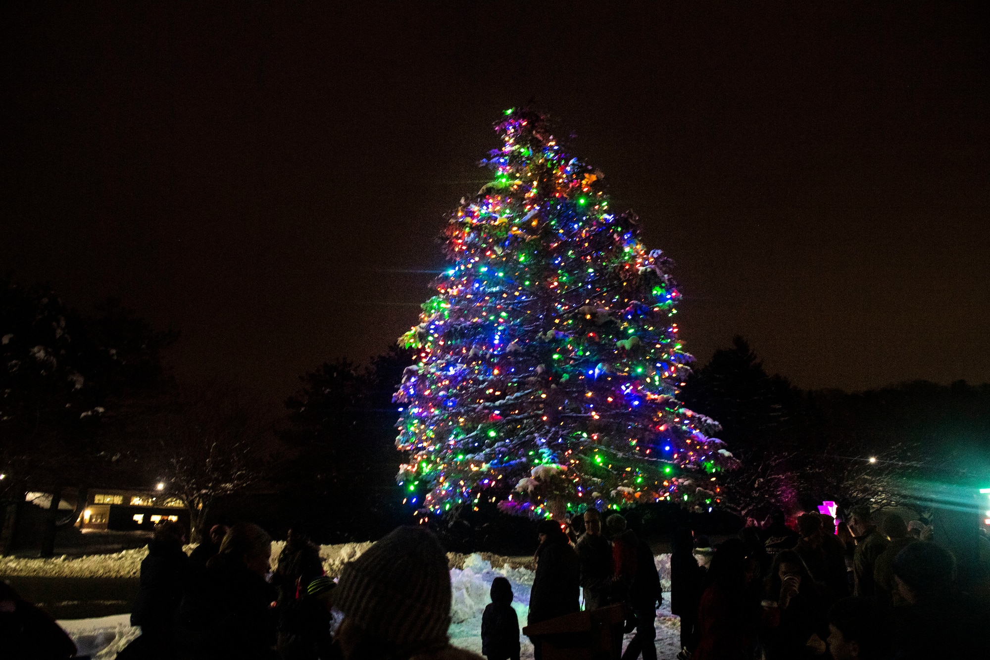 Attendees admire lights during the 2019 base tree lighting ceremony on Hanscom Air Force Base, Mass., Dec. 4, 2019. The ceremony included holiday carols, hot chocolate, and an ice sculpture display. (U.S. Air Force photo by Lauren Russell)