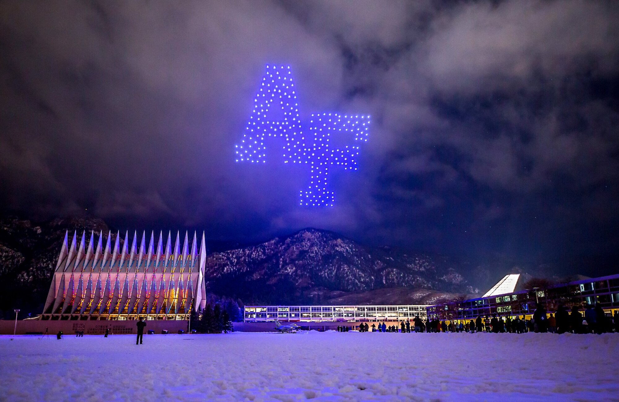 The Air Force Academy hosts multi-drone light show demonstration prior to the inter-service football game with West Point, Nov. 1, 2019. Cadets and onlookers were given a glimpse at the future of drone swarm capabilities (U.S. Air Force Photo by Trevor Cokley).