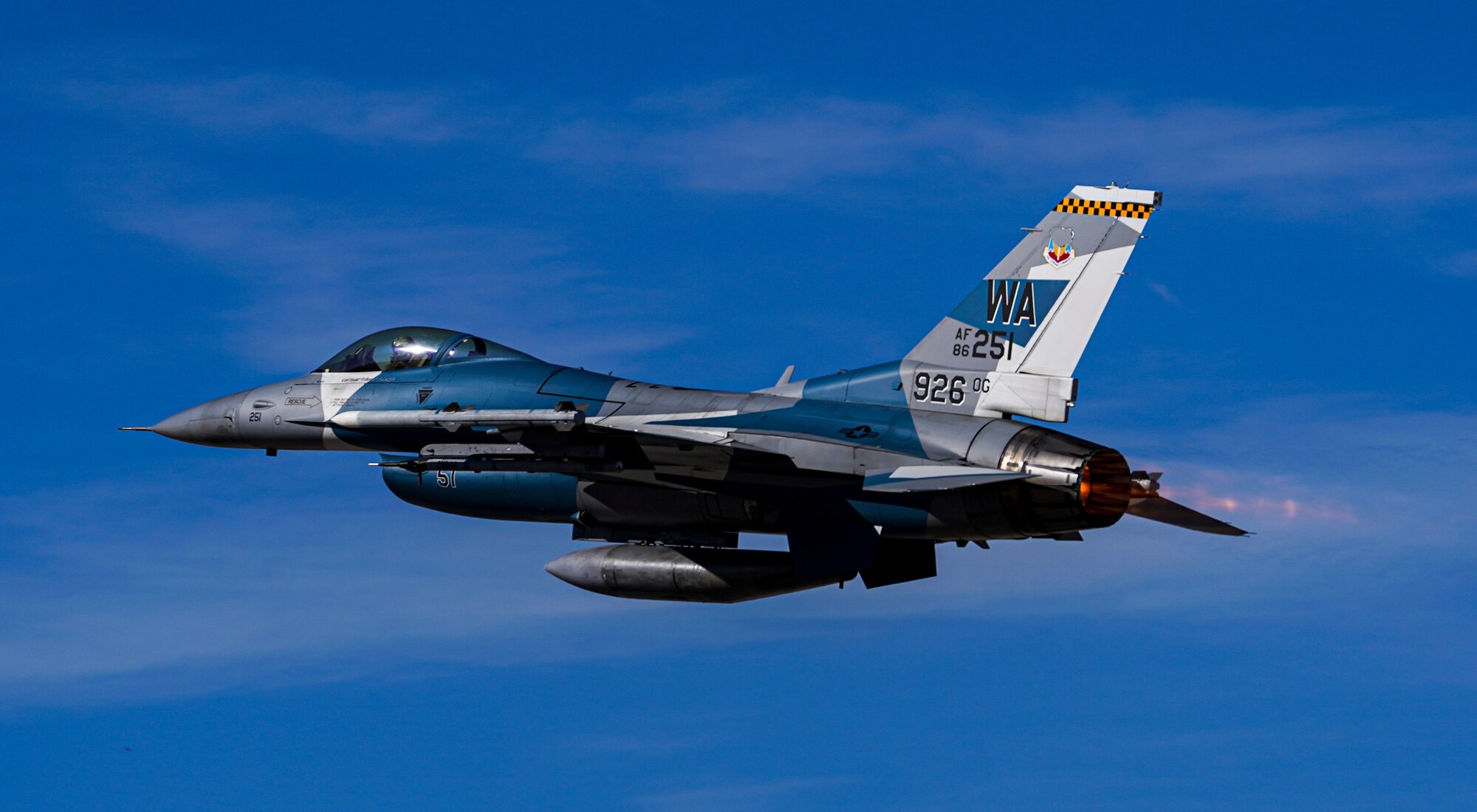 An F-16 Fighting Falcon takes off