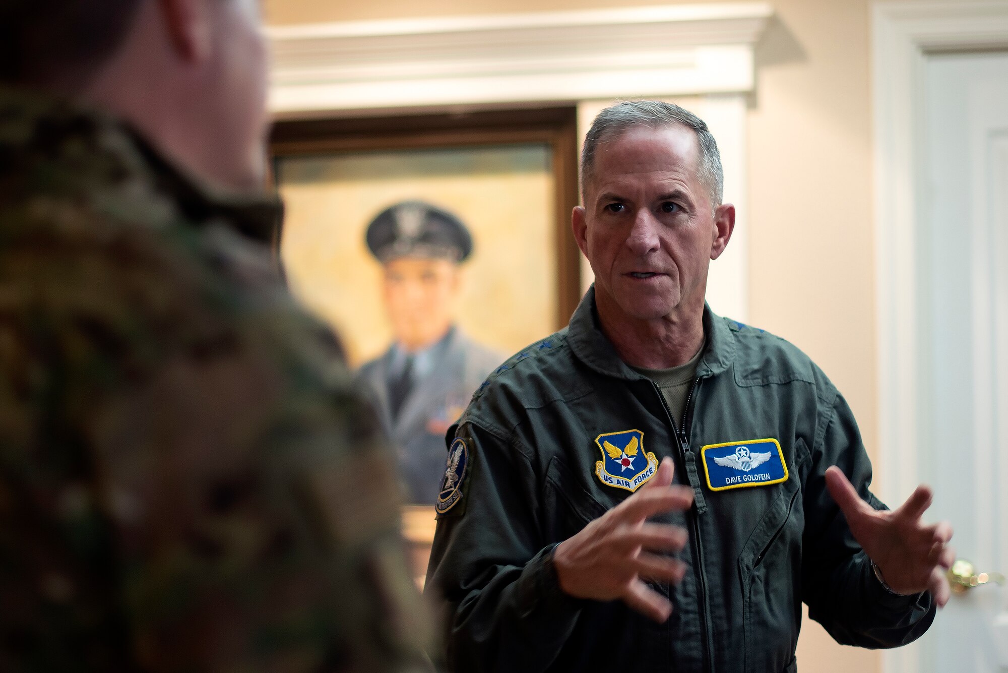 Air Force Chief of Staff Gen. David L. Goldfein talks with Col. Jeff Nelson.