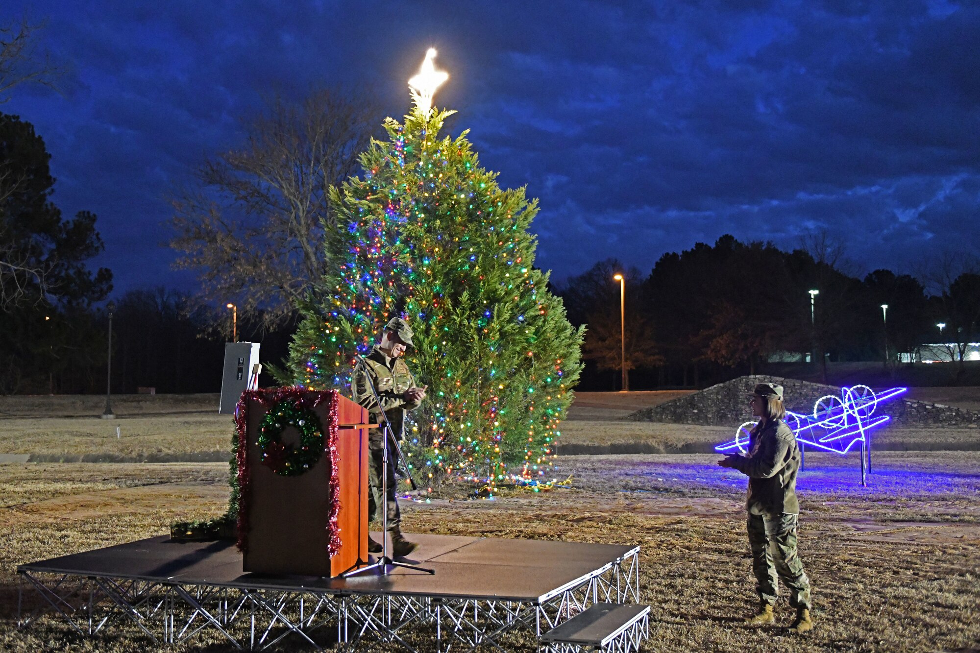 Col. Schutte greets the Airmen before a holiday event.
