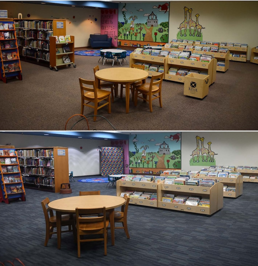 Before (above) and after images of the children’s area of the Joint Base San Antonio-Randolph Library, Texas, with new carpet and book bins Dec. 5, 2019. Starting Feb. 1, the library will be closed temporarily for the transformation’s finishing touches: new furniture and solid-wood shelves throughout the building.