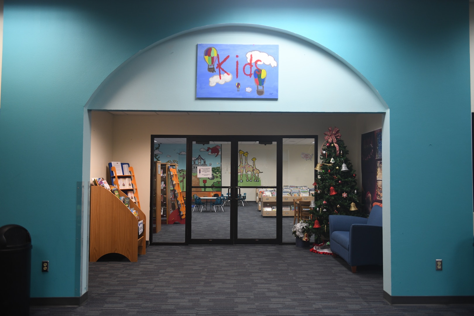 The entrance way to the children’s area of the Joint Base San Antonio-Randolph Library, Texas, with new carpet and book bins Dec. 5, 2019. There will be new signage and nooks and crannies that will be quieter. “We’re just trying to improve service here and make people more comfortable,” said Diana Lisenbee, supervisory librarian.
