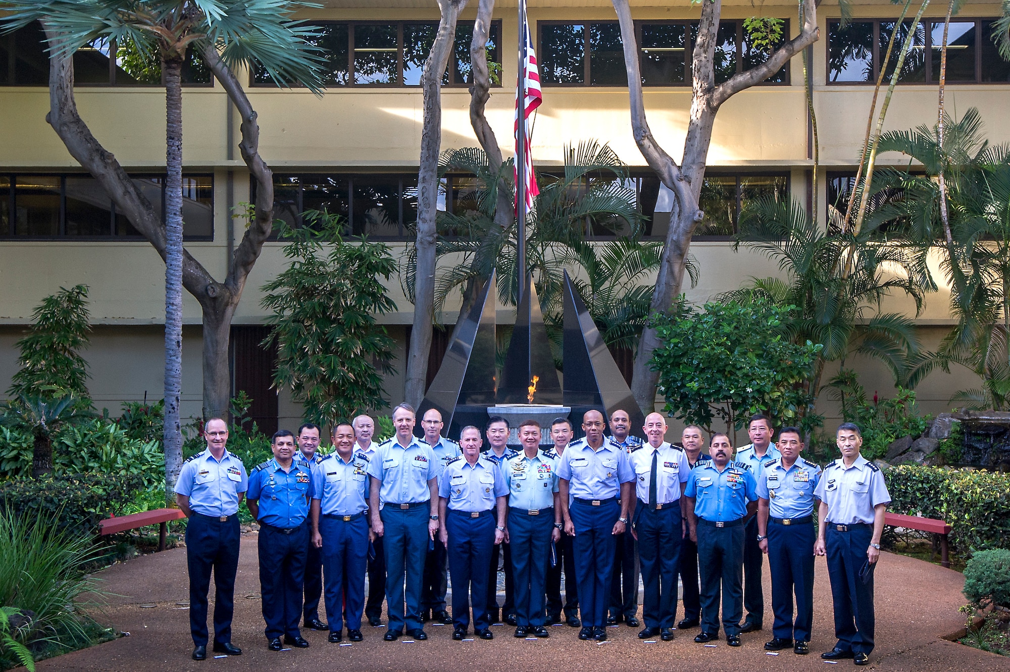 Air chiefs from across the Indo-Pacific pose for a group photo during the 2019 Pacific Air Chiefs Symposium on Joint Base Pearl Harbor-Hickam, Hawaii, Dec. 5, 2019.