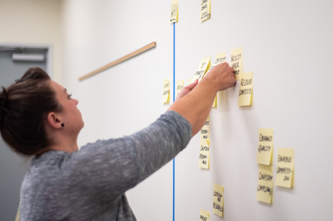 Jessica Winningham, an interior designer and participant of a three-day value engineering workshop for the Furnishings Program, adjusts sticky notes during the workshop’s Creative Phase at the U.S. Army Engineering and Support Center, Huntsville, Alabama, Nov. 4, 2019.