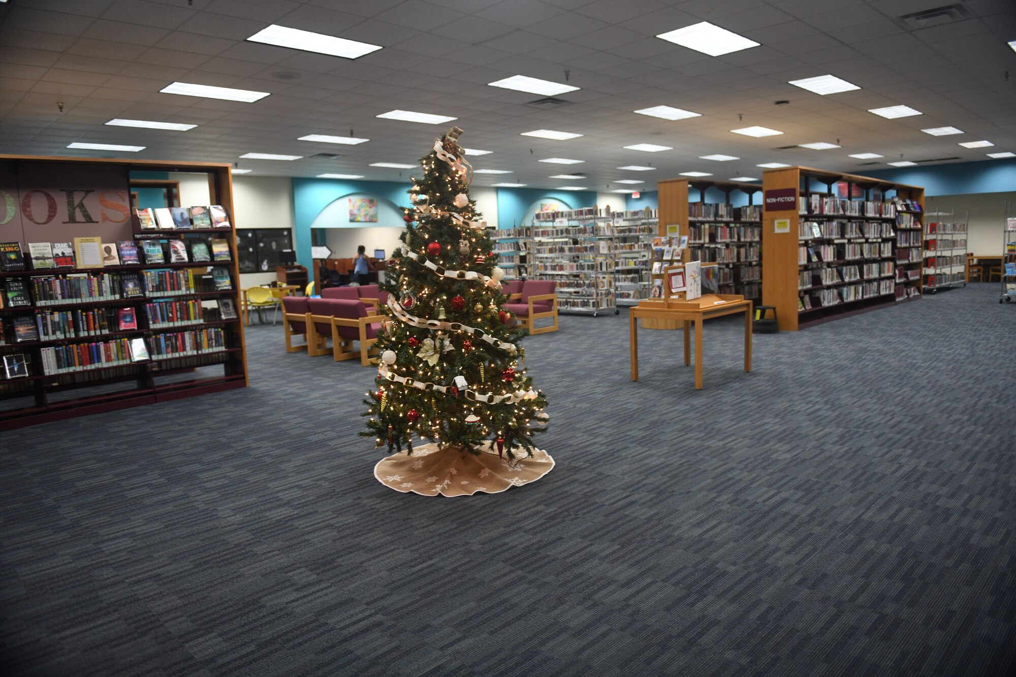 A view of the main area from the entrance of the library at Joint Base San Antonio-Randolph, Texas, Dec. 5, 2019. “We’ll be getting new sofas, chairs, tables and study carrels in addition to new shelving,” said Diana Lisenbee, supervisory librarian. “It’s a way to refresh our space. We want to make sure everything is done right.”