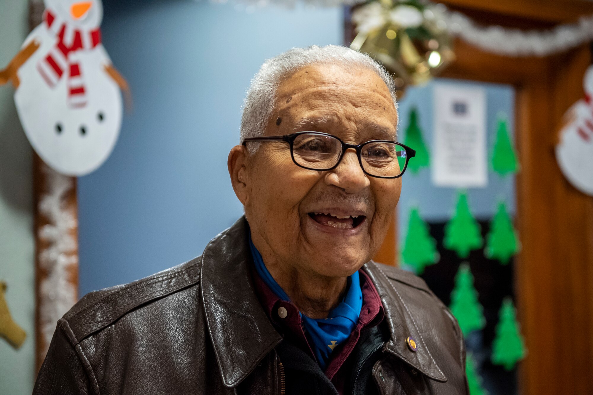 Former Tuskegee Airman, retired Col. Charles McGee, celebrates his birthday Dec. 6, 2019, at Dover Air Force Base, Del. McGee was born in Cleveland, Ohio, Dec. 7, 1919. He served a total of 30 years in the U.S. Air Force, beginning with the U.S. Army Air Corps, and flew a total of 409 combat missions in World War II, Korea and Vietnam. The Tuskegee program began in 1941 when the 99th Pursuit Squadron was established, and its Airmen were the first ever African-American military aviators in the U.S. Army Air Corps. (U.S. Air Force photo by Senior Airman Christopher Quail)