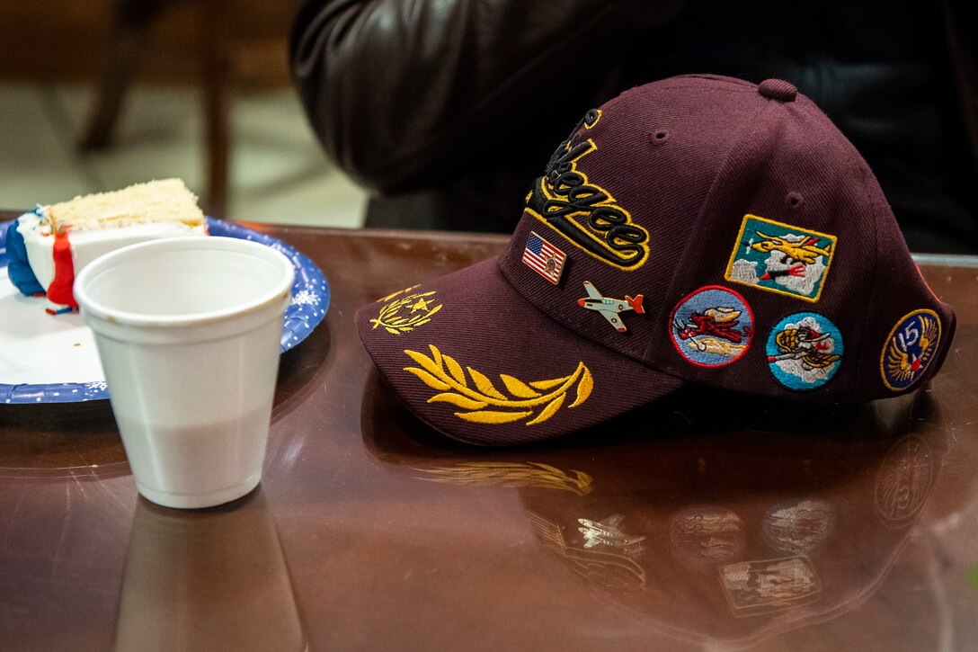 Former Tuskegee Airman, retired Col. Charles McGee, celebrates his birthday Dec. 6, 2019, at Dover Air Force Base, Del. McGee was born in Cleveland, Ohio, Dec. 7, 1919. He served a total of 30 years in the U.S. Air Force, beginning with the U.S. Army Air Corps, and flew a total of 409 combat missions in World War II, Korea and Vietnam. The Tuskegee program began in 1941 when the 99th Pursuit Squadron was established, and its Airmen were the first ever African-American military aviators in the U.S. Army Air Corps. (U.S. Air Force photo by Senior Airman Christopher Quail)