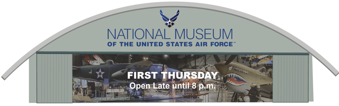 Illustration of a museum hangar with the hangar doors open to reveal aircraft inside.