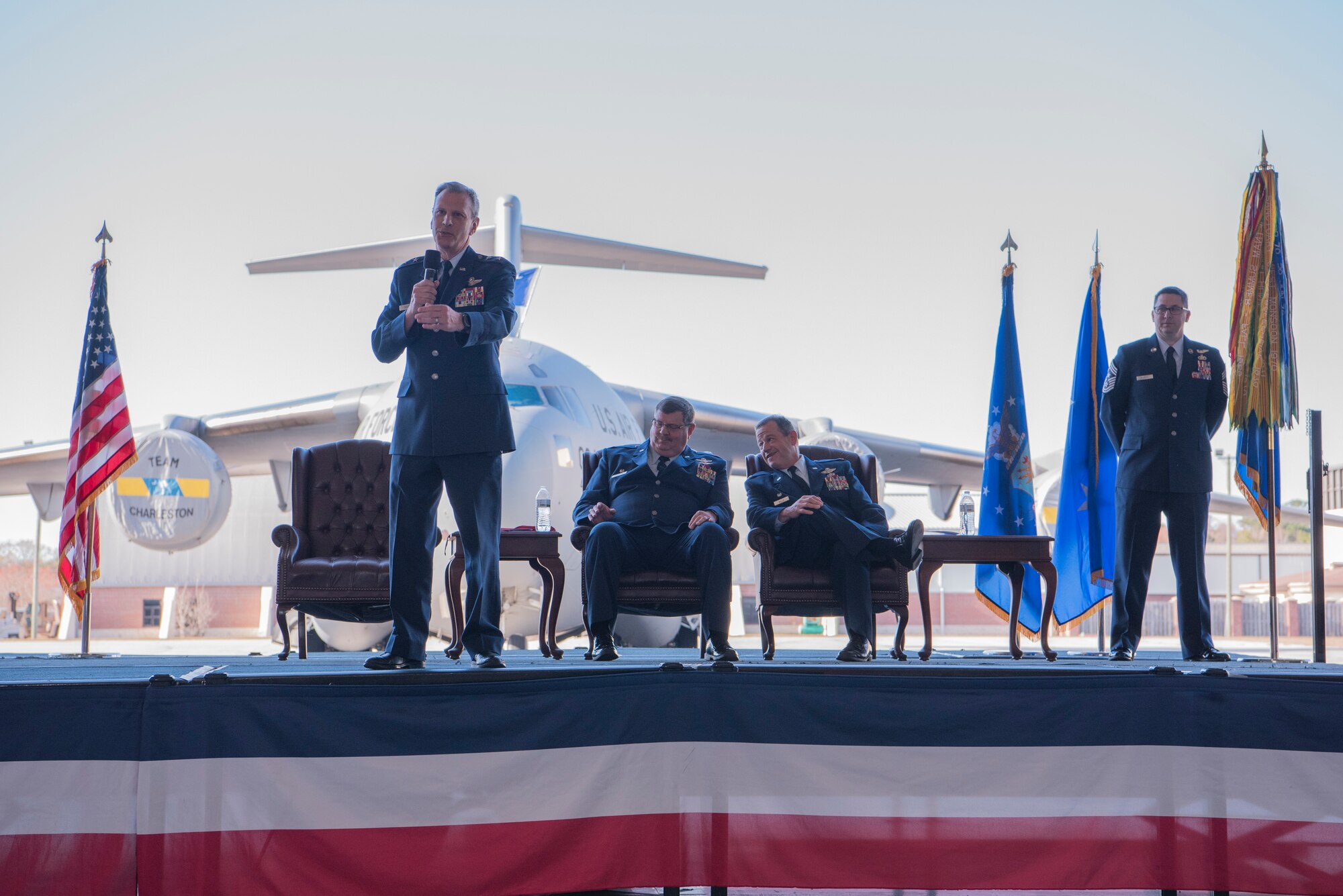 Maj. Gen. Randall Ogden, left, U.S. Air Force 4th Air Force Commander, addresses a crowd during a change of command ceremony at Joint Base Charleston, Dec. 7, 2019. Col. Adam Willis replaced Col. Gregory Gilmour, as the 315th Airlift Wing commander.