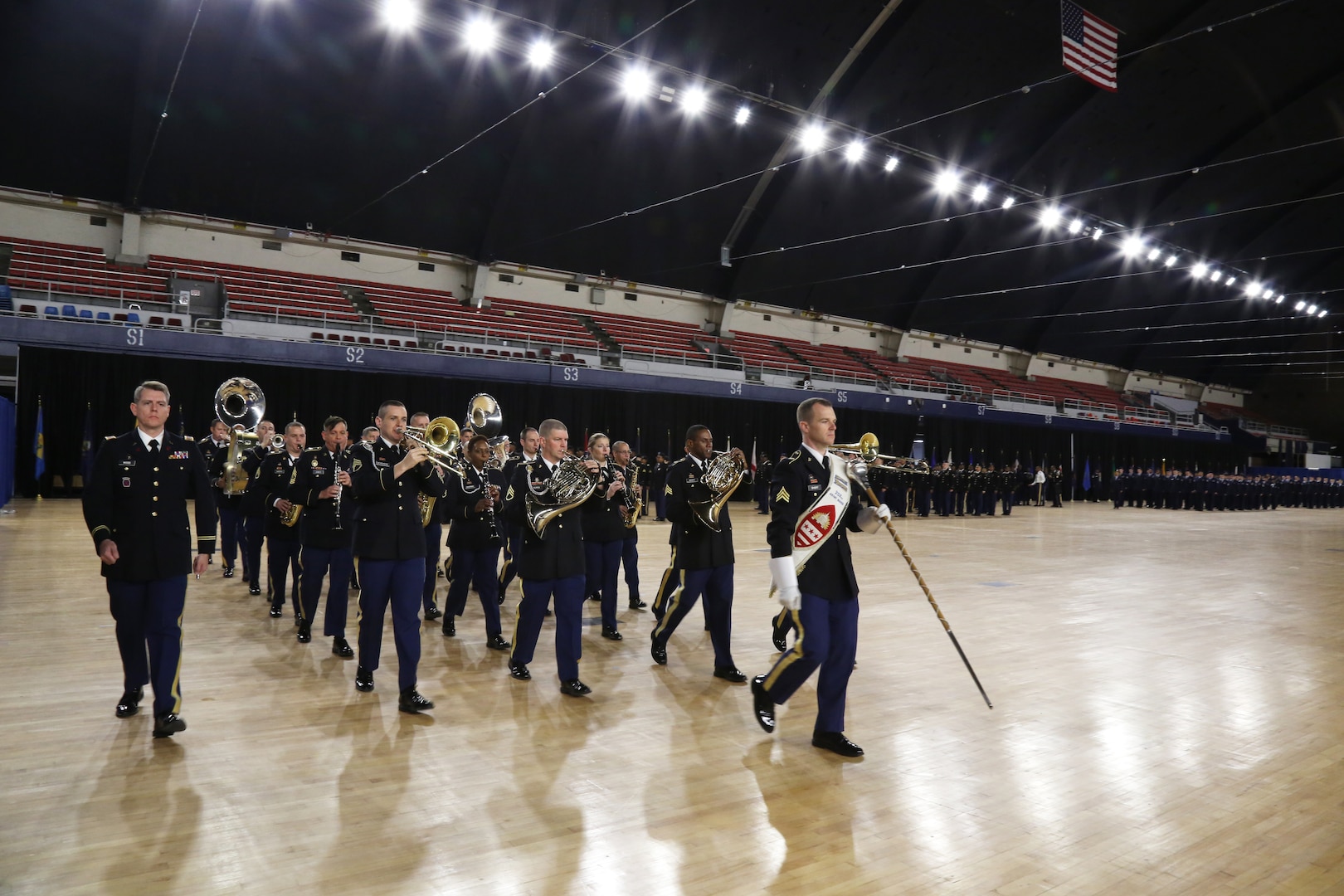 Members of the 257th Army Band, District of Columbia National Guard, march during the Annual Awards and Decorations Ceremony on December 8, 2019 at the DCNG Armory, Washington, D.C. The ceremony included a ‘pass and review’ marching element and presentation of awards and year-end review video. (Photo by Staff Sgt. Tyrone Williams/Released)