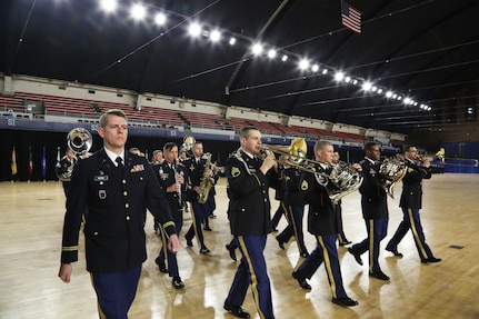 Members of the 257th Army Band, District of Columbia National Guard, march during the Annual Awards and Decorations Ceremony on December 8, 2019 at the DCNG Armory, Washington, D.C. The ceremony included a ‘pass and review’ marching element and presentation of awards and year-end review video. (Photo by Staff Sgt. Tyrone Williams/Released)