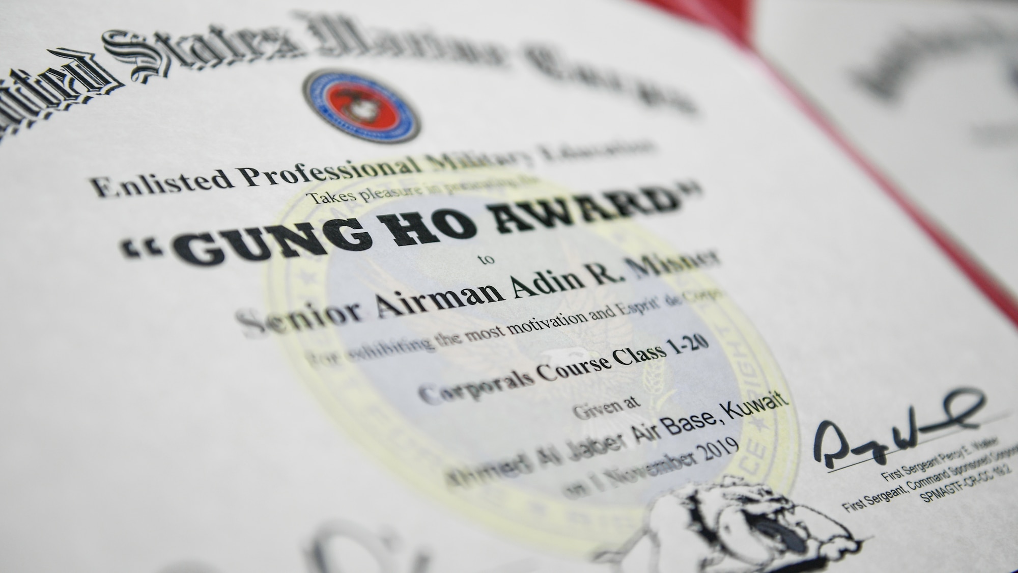 The Gung-Ho award is a peer-based honor given to the student that exhibits the most motivation and espirit de corps during the course of the class. That honor was given to Senior Airman Adin Misner, 386th Expeditionary Communications Squadron client system technician, for his growth as a motivator and leader amongst his peers