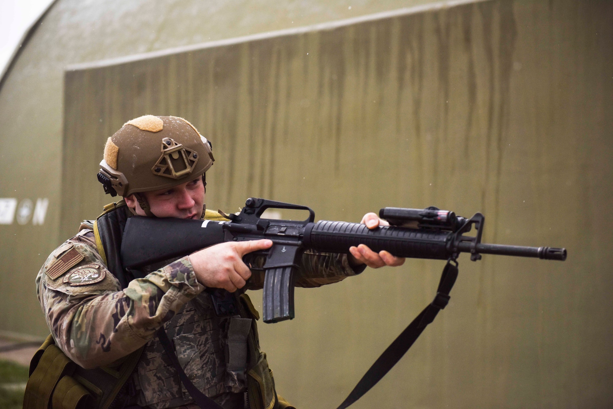 U.S. Air Force Staff Sgt. Layne Jones, 39th Security Forces Squadron unit orientation instructor, conducts a clearing operation during an exercise Nov. 27, 2019, at Incirlik Air Base, Turkey. Security forces Airmen, commonly called Defenders, are responsible for protecting the Air Force’s assets at installations and locations all over the world. (U.S. Air Force photo by Staff Sgt. Joshua Magbanua)