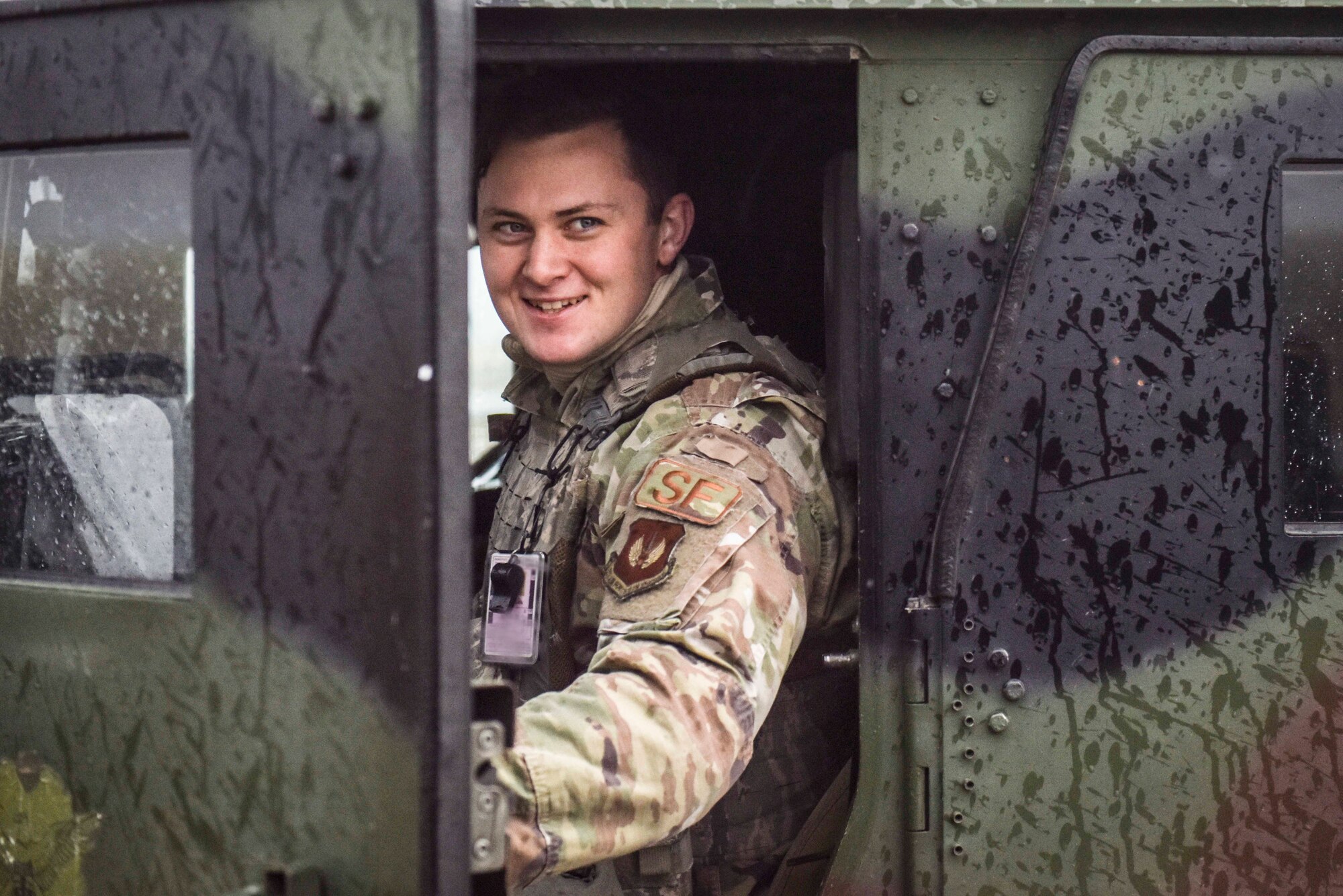 A member of the 39th Security Forces Squadron sits in a Humvee after an exercise Nov. 27, 2019, at Incirlik Air Base, Turkey. Security forces Airmen train frequently in order to continually improve their emergency response, and to maintain readiness for deployments and other missions. (U.S. Air Force photo by Staff Sgt. Joshua Magbanua)