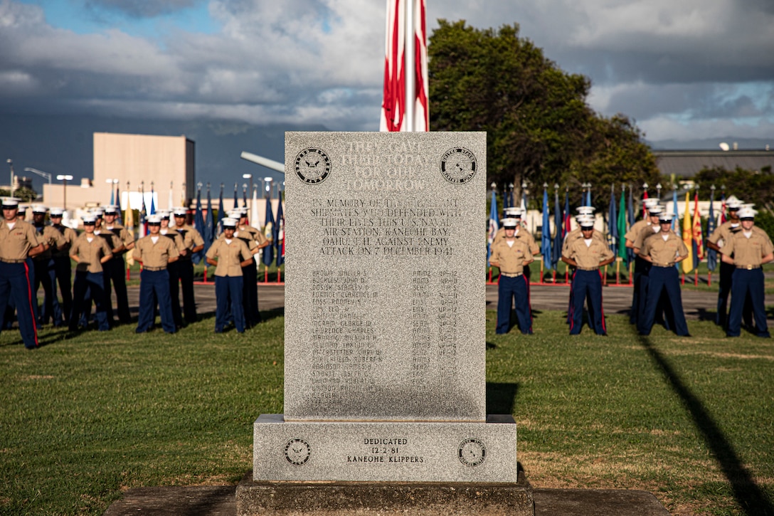 U.S. Marines honor those who gave their lives aboard U.S. Naval Air Station, Kaneohe Bay on Dec. 7, 1941, during the annual Klipper Ceremony, held at Marine Corps Base Hawaii, Dec. 7, 2019. The Klipper Memorial was dedicated in 1981 to honor the 17 U.S. Navy Sailors and two civilian contractors who died during the attack on Naval Air Station Kaneohe Bay on Dec. 7, 1941.