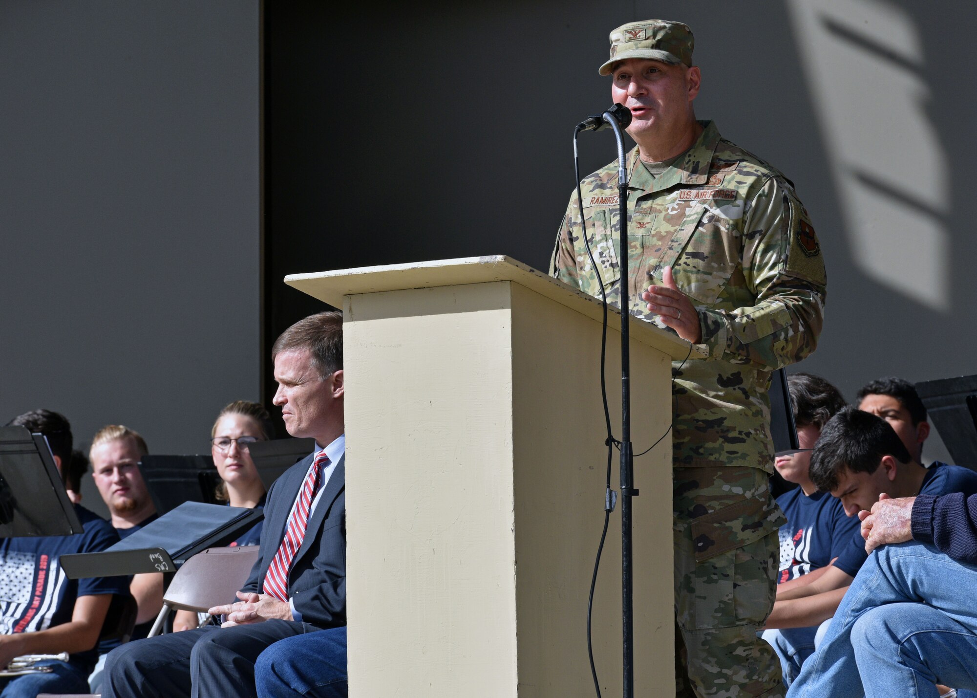 U.S. Air Force Col. Robert Ramirez, 17th Training Wing vice commander, speaks during the San Angelo Support for Veterans Honor Ceremony at the Bill Aylor Sr. Memorial Riverstage in San Angelo, Texas, Dec. 5, 2019. Wounded military veterans were honored for their service with a weekend hunting trip and various community events. (U.S. Air Force photo by Airman 1st Class Robyn Hunsinger)