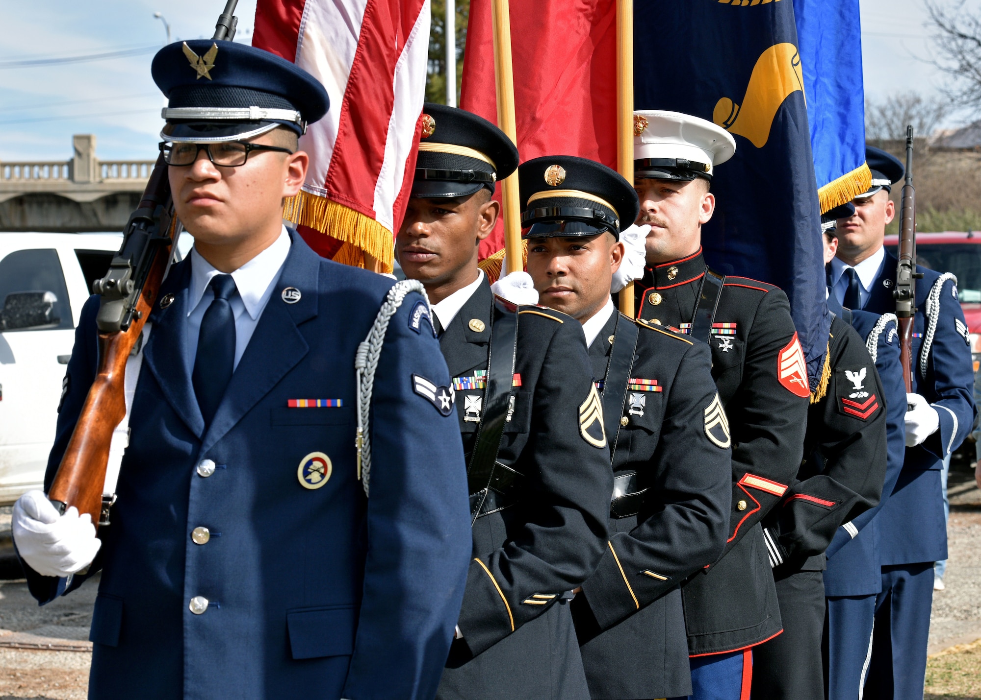 The Goodfellow Air Force Base Joint Service Color Guard present the colors during the San Angelo Support for Veterans Honor Ceremony at the Bill Aylor Sr. Memorial Riverstage in San Angelo, Texas, Dec. 5, 2019. The primary purpose of the Joint Service Color Guard is to present the National Colors at a presentation or ceremony. (U.S. Air Force photo by Airman 1st Class Robyn Hunsinger)
