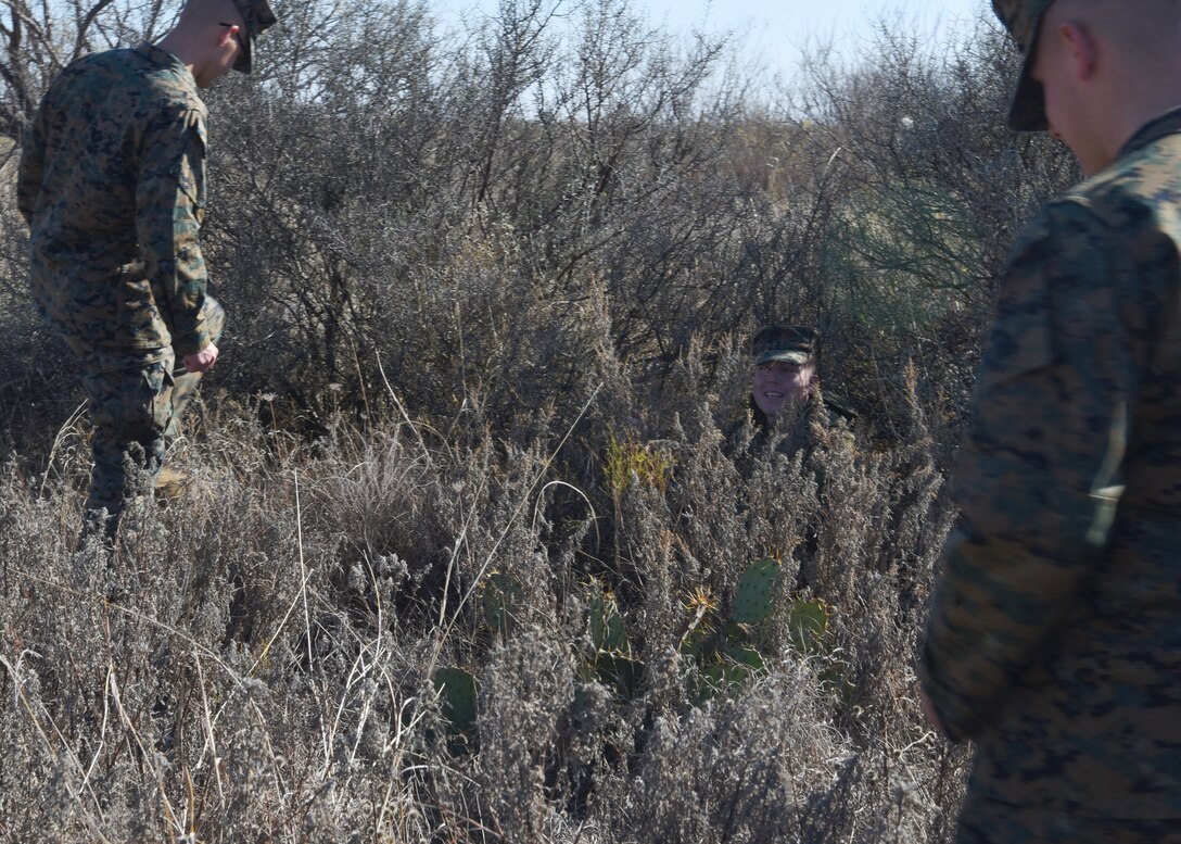 U.S. Marine Corps Detachment students locate the hiding adversary via intercepted radio frequency transmissions from versatile radio observation and direction finder during a field-oriented data collection exercise for intelligence training outside of the MCD on Goodfellow Air Force Base, Texas, Dec. 6, 2019. Goodfellow students regularly participate in field exercises to learn and expand warfighting readiness. (U.S. Air Force Photo by Airman 1st Class Abbey Rieves)